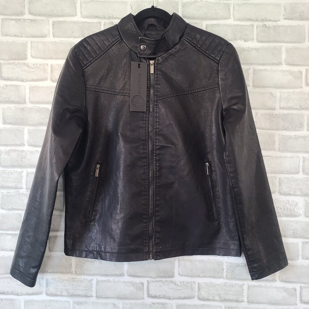Soul Star England Black Faux Leather Jacket MJ Daniel NEW Mens S Flight Moto